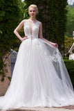 White A-line Scoop Neck Tulle Court Train Appliques Lace Backless Wedding Dresses HZ0509