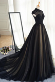 Chic A line High Neck Black Tulle Floor Length Modest Prom Dress Evening Dress HZ0509