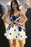 Short Cheap V Neck Lace Appliques A Line Homecoming Dresses HZ0509