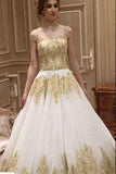Long Train High Neck Romantic Gold Appliques Wedding Dresses HZ0509