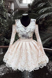 Neck Lace Short Prom Dress, Long Sleeves Homecoming Dress HZ0509
