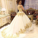 Long Train High Neck Romantic Gold Appliques Wedding Dresses HZ0509