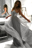 Spaghetti Straps Grey A Line Tulle Long Prom Dress HZ0509