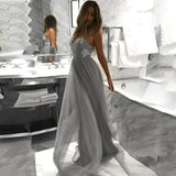 Spaghetti Straps Grey A Line Tulle Long Prom Dress HZ0509