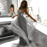 Spaghetti Straps Grey A Line Tulle Long Prom Dress HZ0509