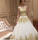 Long Train High Neck Romantic Gold Appliques Wedding Dresses HZ0509