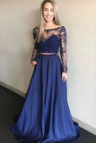 Blue Two Pieces A Line Long Sleeves Appliques Prom Dress With Pockets HZ0509