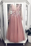 A Line Tulle Long Sleeves Floor Length Prom Dress HZ0509