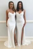 Sheath Spaghetti Straps Sweep Train Ruched Off White Split Prom Dress HZ0509
