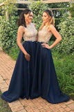 Blue Long Cheap Beaded Prom Dress,New A Line Bridesmaid Dress HZ0509