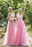Pink Tulle A Line Long Bridesmaid Dress For Wedding HZ0509