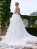 White A-line Scoop Neck Tulle Court Train Appliques Lace Backless Wedding Dresses HZ0509