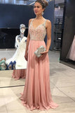 Peach Chiffon Beading Straps Long A-line Prom Dresses HZ0509
