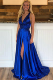 Blue A Line Split Prom Dresses, V Neck Long Formal Party Dress HZ0509