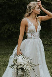 V Neck Flower Applique Wedding Dresses Ivory A Line Wedding Gowns HZ0509