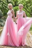 Pink Tulle A Line Long Bridesmaid Dress For Wedding HZ0509