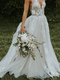 V Neck Flower Applique Wedding Dresses Ivory A Line Wedding Gowns HZ0509