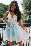 Line V Neck Floral Appliques Homecoming Dress, Short Prom Dresses HZ0509