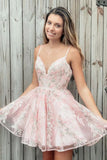 Strap A Line Appliques Pink Homecoming Dress, Short Prom Dresses HZ0509