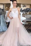 Pink Tulle A Line Lace Top Long Sleeveless Prom Dresses HZ0509