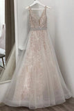 A Line V Neck Lace Beading Sleeveless Prom Dresses HZ0509