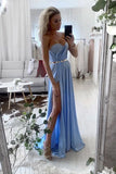 A Line Chiffon Blue Simple Prom Dresses With Slit HZ0509