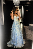 A Line Light Blue Spaghetti Straps Long Prom Dress HZ0509