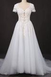 White A Line Short Sleeves Lace Appliques Wedding Dress, Bridal Gown HZ0509