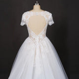 White A Line Short Sleeves Lace Appliques Wedding Dress, Bridal Gown HZ0509