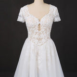 White A Line Short Sleeves Lace Appliques Wedding Dress, Bridal Gown HZ0509