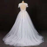 White A Line Short Sleeves Lace Appliques Wedding Dress, Bridal Gown HZ0509