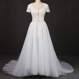 White A Line Short Sleeves Lace Appliques Wedding Dress, Bridal Gown HZ0509