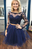 Piece Bateau Long Sleeves Dark Blue A Line Tulle Homecoming Dress HZ0509
