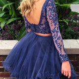 Piece Bateau Long Sleeves Dark Blue A Line Tulle Homecoming Dress HZ0509