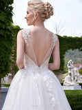 White A-line Scoop Neck Tulle Court Train Appliques Lace Backless Wedding Dresses HZ0509