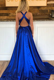 Blue A Line Split Prom Dresses, V Neck Long Formal Party Dress HZ0509