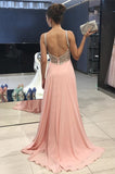 Peach Chiffon Beading Straps Long A-line Prom Dresses HZ0509