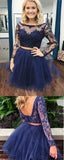 Piece Bateau Long Sleeves Dark Blue A Line Tulle Homecoming Dress HZ0509