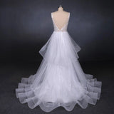Line V Neck Layered Backless Wedding Dress, Long Bridal Gown HZ0509