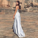 Spaghetti Straps Detachable Silver Prom Evening Dress with Appliques HZ0509
