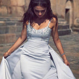 Spaghetti Straps Detachable Silver Prom Evening Dress with Appliques HZ0509