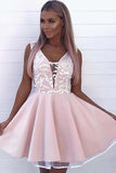 A Line V Neck Sleeveless Pink Appliques Short Homecoming Dress HZ0509