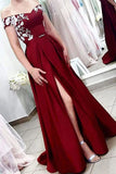 Line Off the Shoulder Short Sleeves Burgundy Satin Prom Dress With Split HZ0509