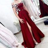 Line Off the Shoulder Short Sleeves Burgundy Satin Prom Dress With Split HZ0509
