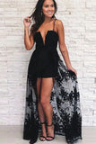 Line Spaghetti Strap Black High Low Prom Dress With Lace HZ0509