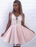 A Line V Neck Sleeveless Pink Appliques Short Homecoming Dress HZ0509