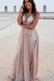 A Line Deep V Neck Long Prom Dress With Sequins HZ0509