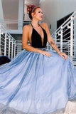 Line Deep V-Neck Floor Length Sky Blue Prom Dress With Sequined HZ0509
