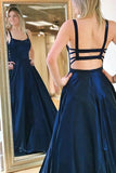 Line Spaghetti Straps Sweep Train Drak Navy Prom Dress With Pocktes HZ0509