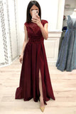 A Line Cap Sleeves Prom Dresses, Long Beading Slit Prom Gown HZ0509